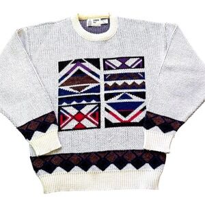 London Fog Men's Size L Geometric Sweater Made in USA 80s Knit Vintage